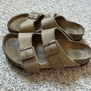 Birkenstock Arizona Tan Sandals with Copper Buckles